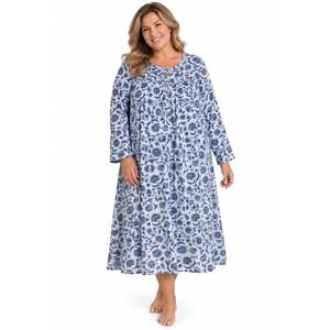 Aria Women Plus 3X Blue Floral Long Sleeve Button Front Nightgown Sleep Dress